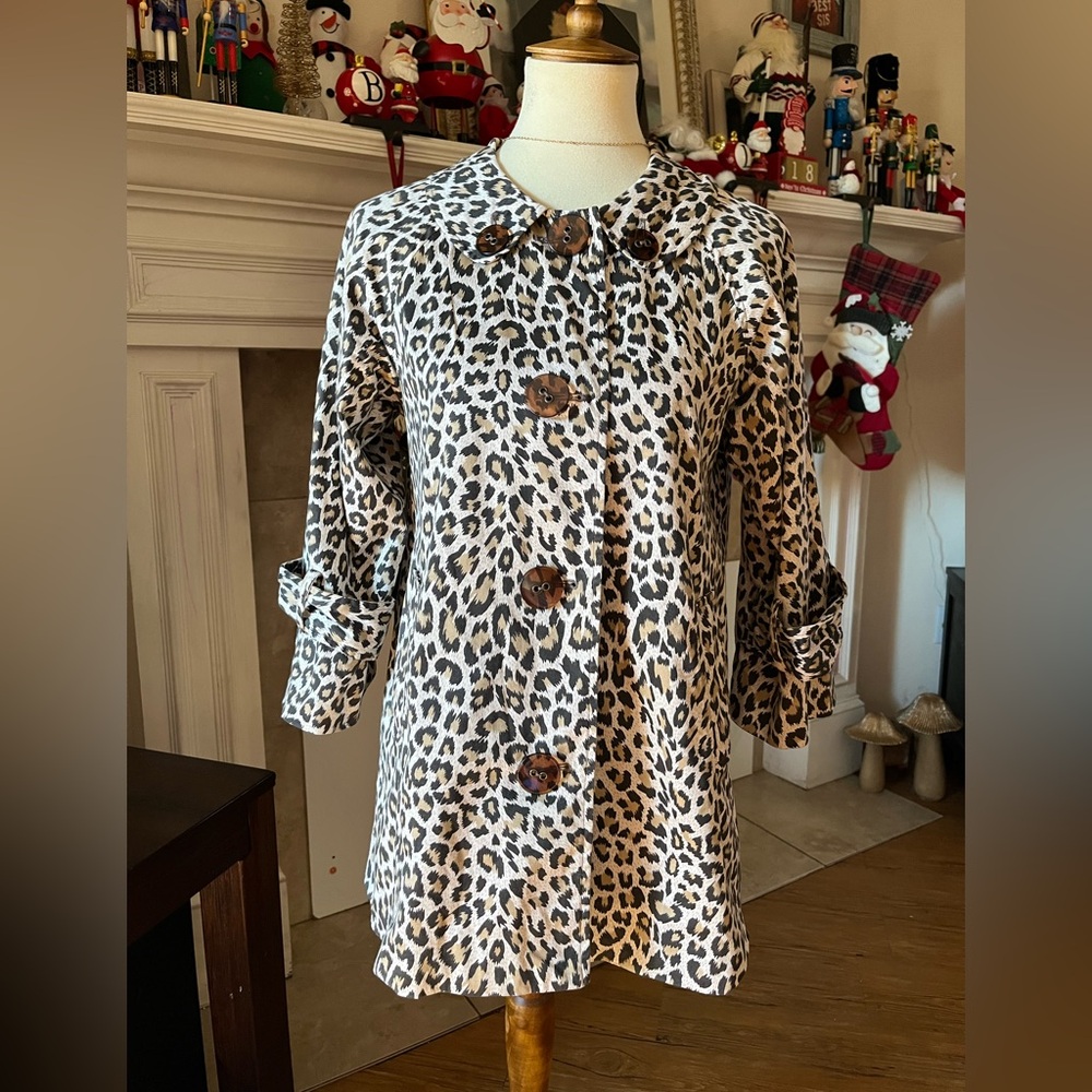 Leopard Print Cotton Swing Coat Jacket Size L Retro Style